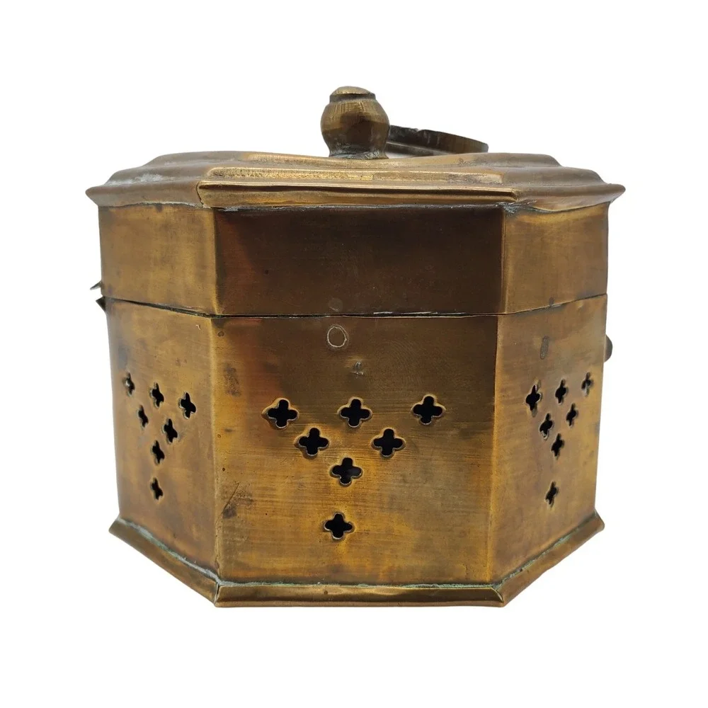 Brass Box Pierced Metal Cricket Cage Hexagon Trinket India Ethnic Boho‎ Storage